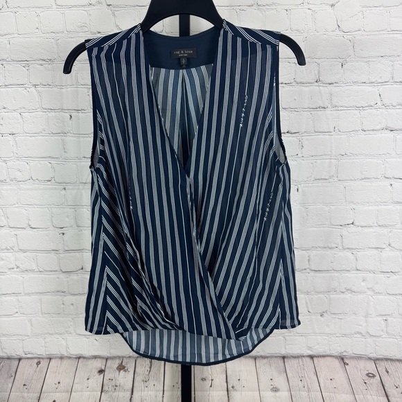 Rag and Bone Victor Sleeveless Silk Blend Navy and White Striped Top Size Small - Picture 1 of 7